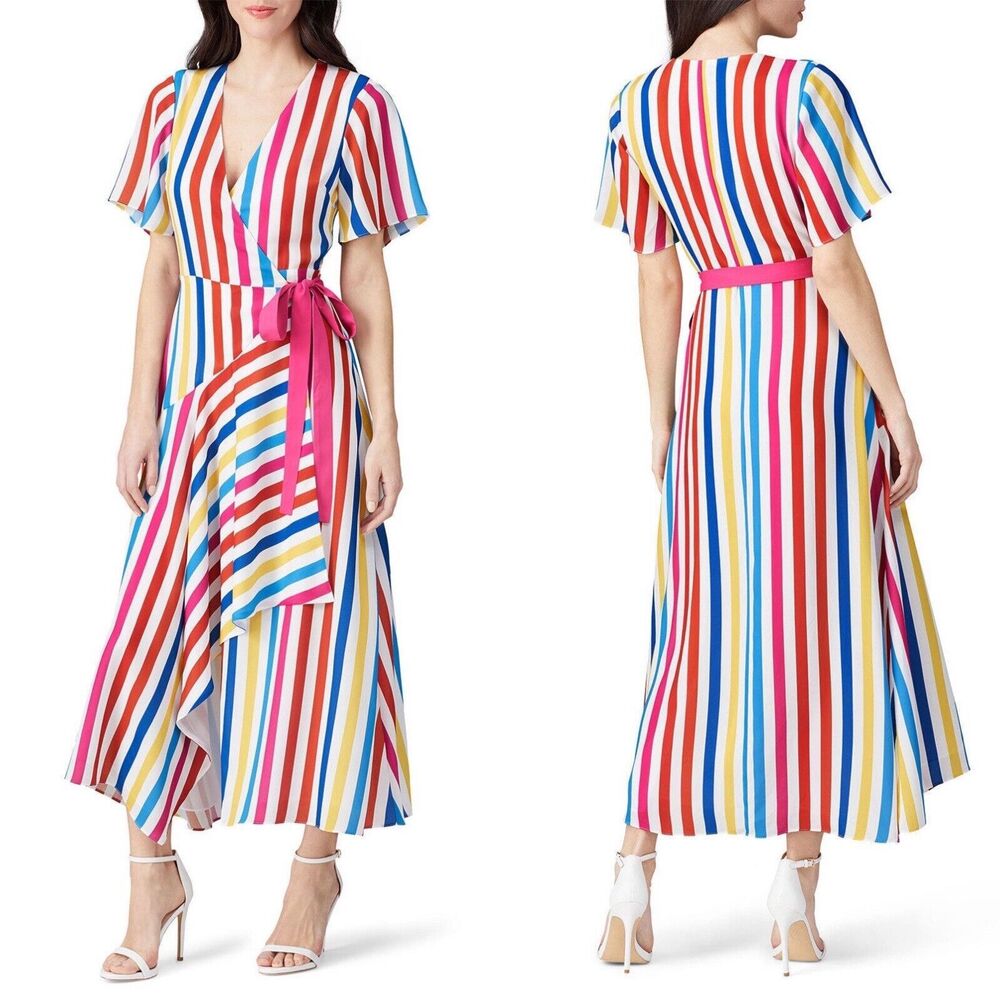 Color Me Courtney Taira Wrap Dress Rainbow Stripe Size S V-Neck Flutter Sleeve
